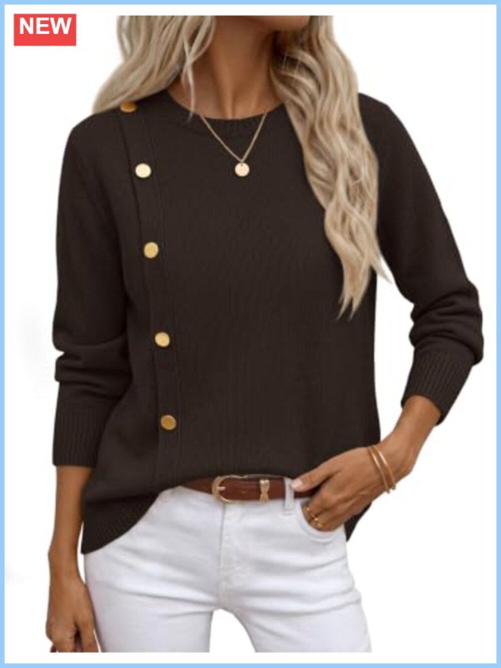 Long Sleeve Button Pullover Knit Sweater Crew Neck Womens Fall Top